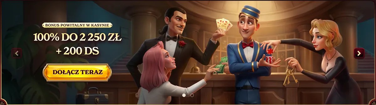 Casino welcome bonus banner with 100% up to 2,250 zł and 200 free spins