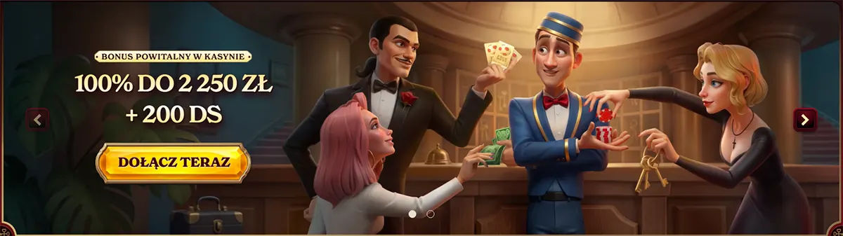 Casino welcome bonus banner with 100% up to 2,250 zł and 200 free spins