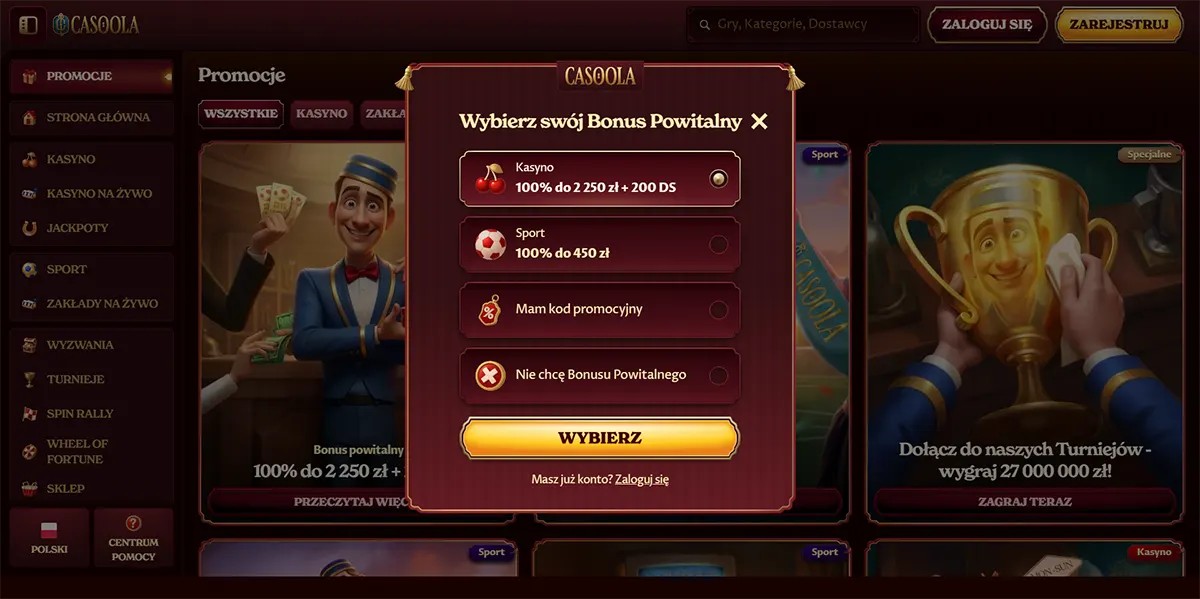 Casino welcome bonus selection popup with casino and sports bonus options