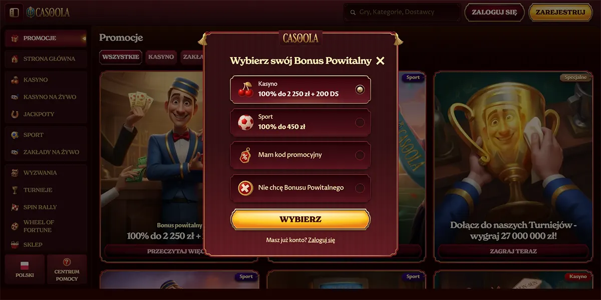Casino welcome bonus selection popup with casino and sports bonus options
